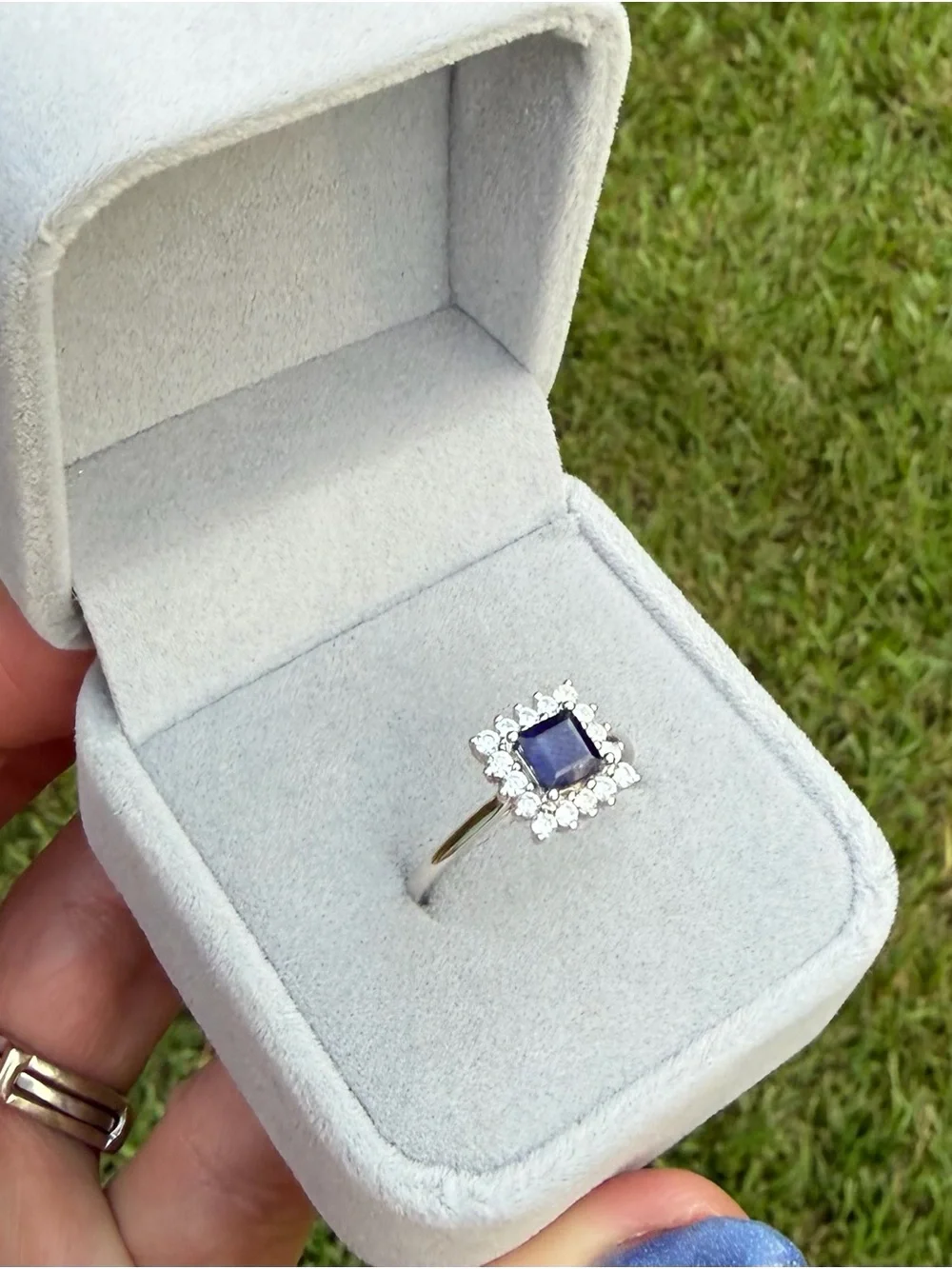Natural Blue Sapphire Square .80CT w/starburst Halo 925 Sterling Silver Ring - 8